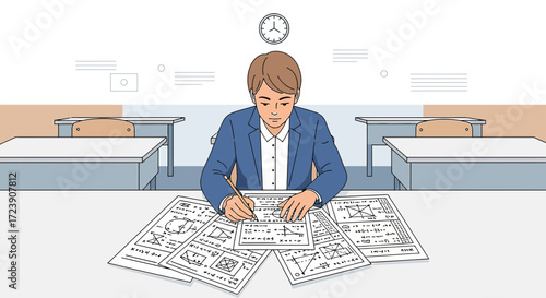 Concentrated student tackling complex geometry problems in a classroom setting
