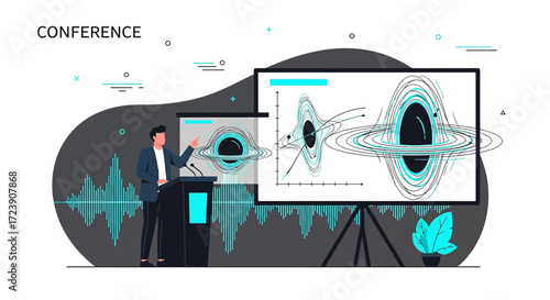 Conceptual illustration of a conference presentation on astrophysics and black holes