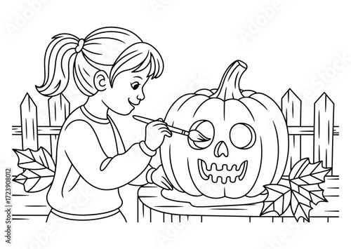 Black and white line art illustration of a girl carving a pumpkin for Halloween