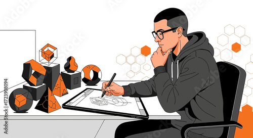 Creative artist designing 3D models on a digital tablet with geometric shapes around him