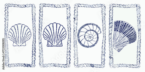 Four nautical frames with seashells and nautilus shell illustrations in blue and white