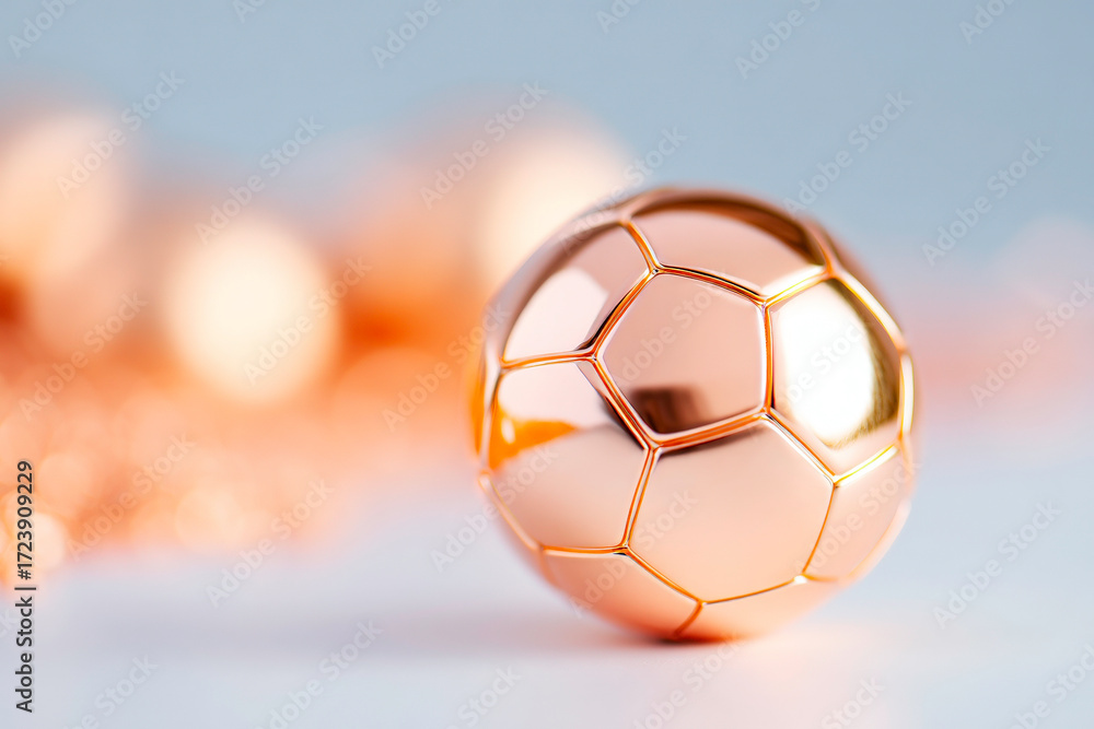 Fototapeta premium A striking highgloss gold metallic soccer ball resting on a pristine white background symbolizing victory success and premium sports equipment
