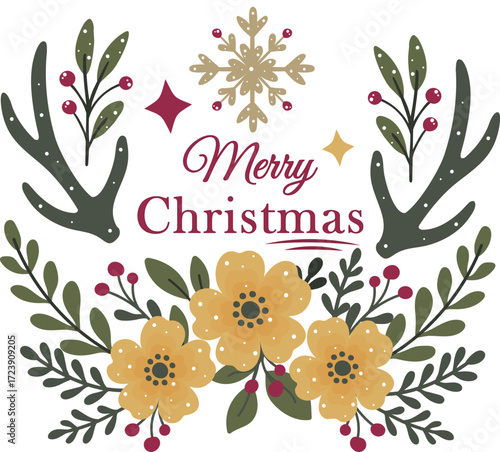 Christmas card with the inscription "Merry Christmas." Reindeer antlers and floral ornament. Simple graphics. Flat vector. Decorative composition with antlers. Antlers, flowers, and greenery.,