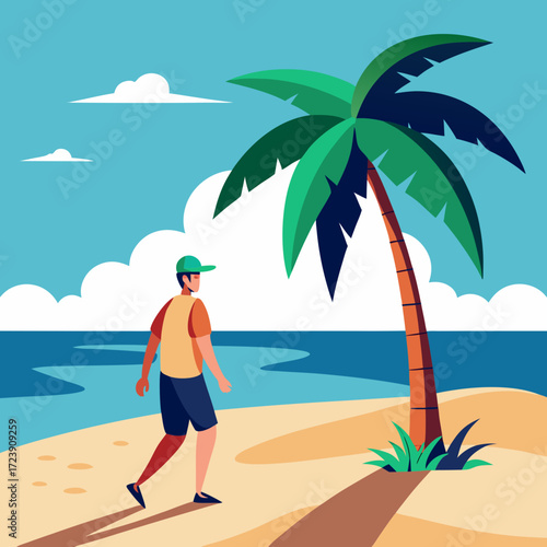 Escape to Paradise: Man Strolling on Tropical Beach Near Palm Tree, Enjoying the Serene Coastal Scenery and Warm Sunshine, Perfect for Summer Travel and Vacation Vibes