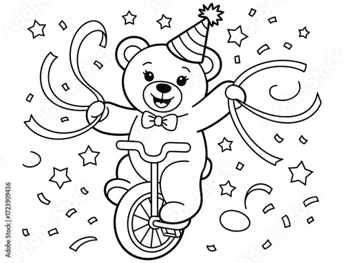 Cute teddy bear riding a unicycle with party hat and confetti, a coloring book page illustration