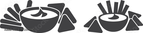 Stylized chips and dip icons with nacho chips and french fries