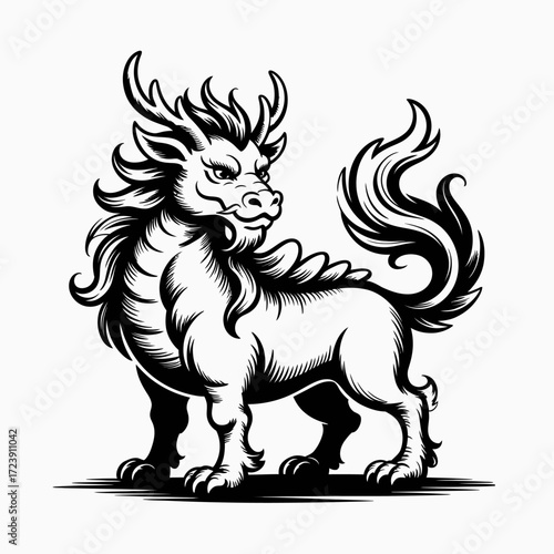 Mythical Qilin Vector Illustration with Antlers | Stylized Hooved Qilin Graphic | Ornate Qilin Line Art Design