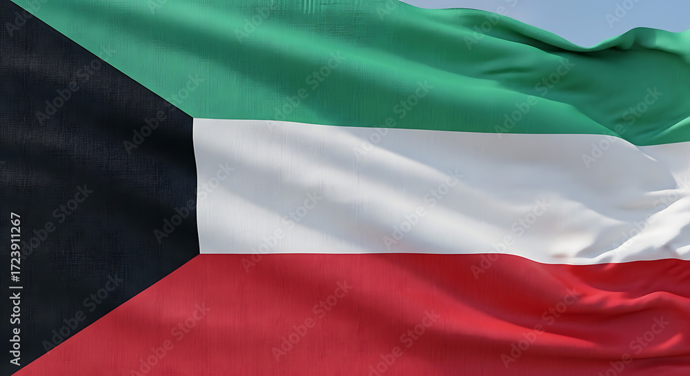 Fototapeta premium Closeup shot capturing the vibrant and textured kuwaiti flag waving gently in the wind, symbolizing national pride, unity, and the rich cultural heritage of kuwait, with its distinctive colors and des