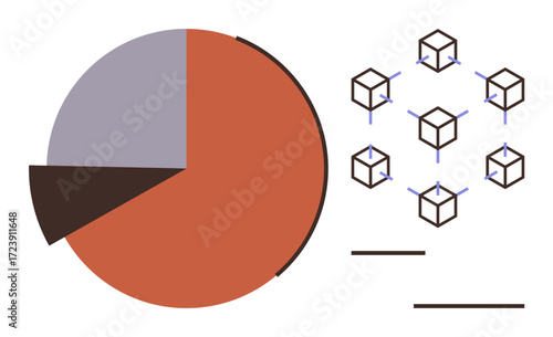 Pie chart and interconnected blocks representing blockchain structure. Ideal for analytics, blockchain, technology, innovation, digital transformation, data-driven insights, cryptocurrency. Clear