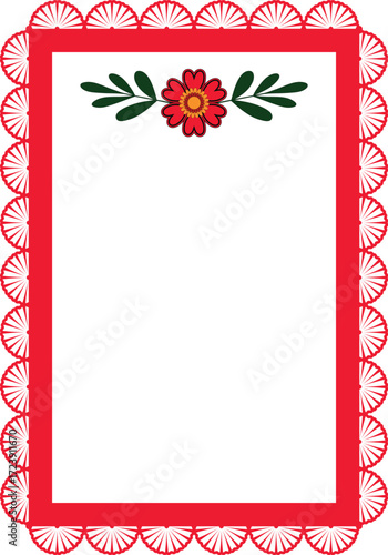 Vector red frame with a festive flower and leaves. Mexican fiesta, Cinco de Mayo – a festive frame, a story for social media. Design element for banners, posters, cards, or invitations.