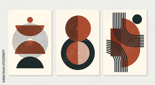 Vector art of set of three abstract geometric midcentury modern art prints with terracotta, black, and white elements, featuring organic shapes and linear patterns