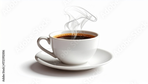 Wallpaper Mural A classic white ceramic cup filled with aromatic steaming hot black coffee on a matching saucer, isolated against a plain white background Torontodigital.ca