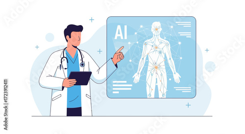 Doctor Explaining AI Technology in Medical Diagnosis and Treatment with Human Body Visualization