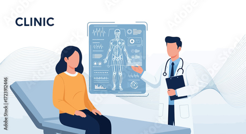 Doctor explaining patient medical condition using digital display in clinic setting