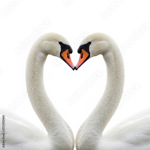 Two graceful white swans forming a heart shape with their necks, symbolizing love and connection against a clean white background, creating a romantic and elegant composition .