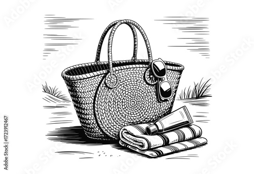 Elegant black and white line art illustration of summer beach essentials, featuring a straw bag, stylish sunglasses, a striped towel, and sunscreen