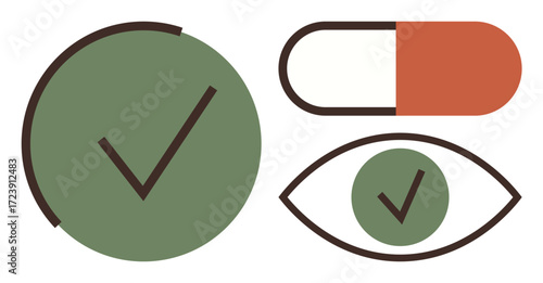 Green circle with tick mark, capsule, and eye symbol combined to represent health approval, medicine, and visionary care. Ideal for healthcare, wellness, compliance, medication trust safety simple
