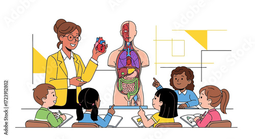 Elementary school teacher explaining human anatomy to diverse attentive students