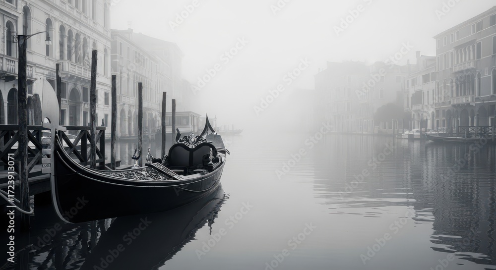 Fototapeta premium Misty Venice Canal Gondolas Serene Atmosphere Old European Cityscape
