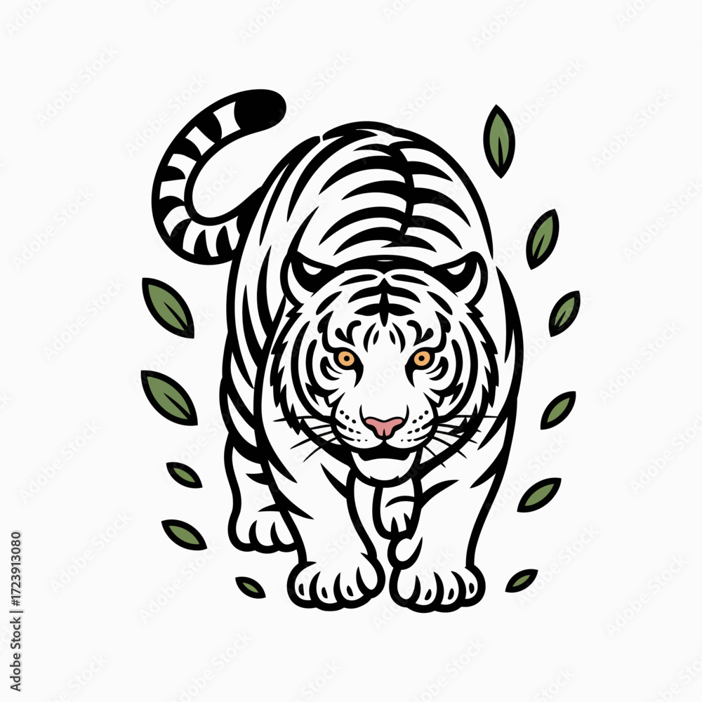 Fototapeta premium Black and White Tiger Illustration with Leaves | Clean Vector Art of Tiger Surrounded by Foliage | Simple Tiger Design for Graphic Projects