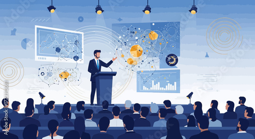 Engaging business conference presentation with data visualizations and audience view