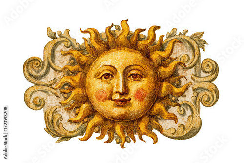 Vintage ornate sun illustration with radiant sunrays and artistic swirls.