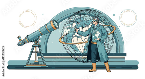 Exploring scientific frontiers conceptual illustration with telescope and researcher gazing at earth