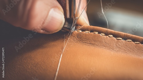 Macro shot of hand stitching leather wallet showing artisan craftsmanship detail, high resolution handmade craft and design concept