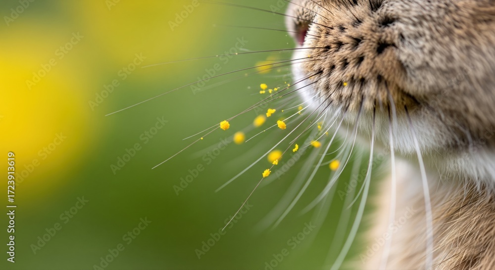 Obraz premium Close-up of a hare's muzzle with pollen on its whiskers, against a blurred green and yellow background , creating a spring scene