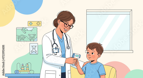 Female doctor checking temperature of little boy with infrared thermometer in clinic pediatric