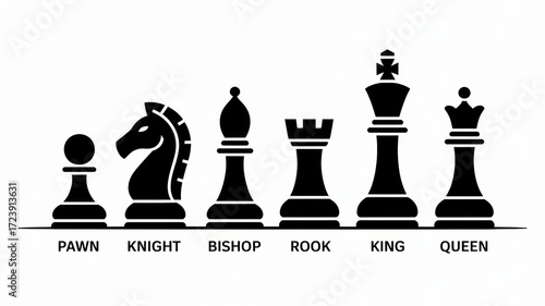 Black chess pieces in a row including pawn knight bishop rook king and queen on a white background on transparent background