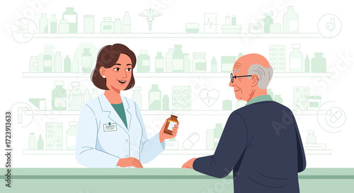 Female pharmacist handing medication to elderly customer in pharmacy interior illustration