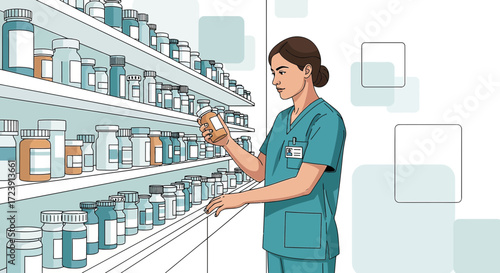Female pharmacist checking medications on shelves in pharmacy minimal illustration