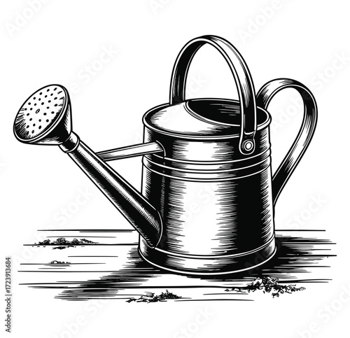 Vintage Watering Can Illustration Black and White Line Art