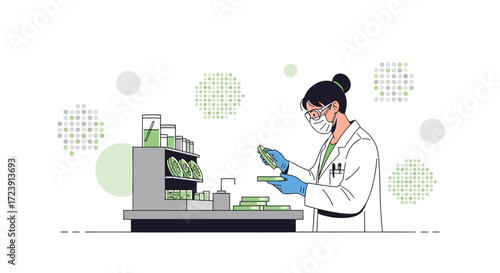 Female scientist working in laboratory with petri dishes conducting experiment or research