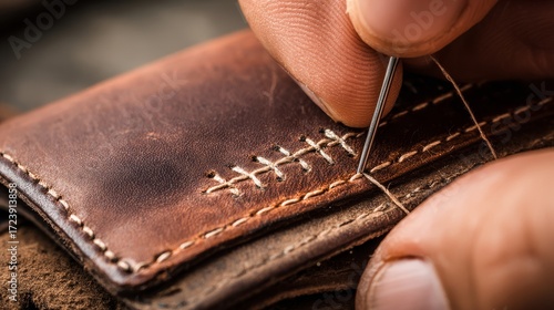 Macro shot of hand stitching leather wallet showing artisan craftsmanship detail, high resolution handmade craft and design concept