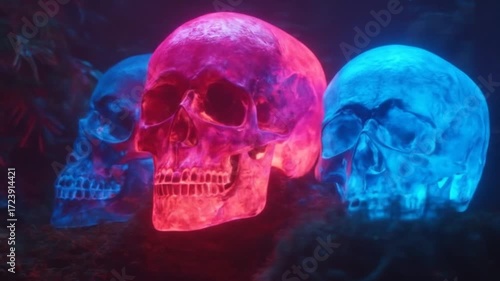 Three neon skulls