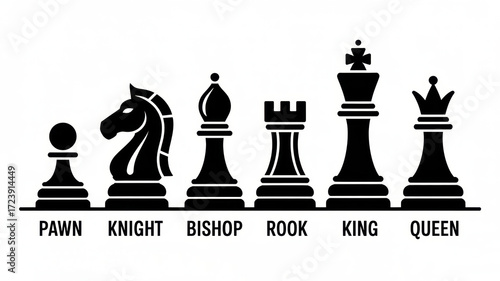 Illustration of chess pieces including pawn knight bishop rook king and queen in black and white on transparent background