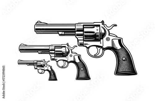 Black and White Line Art Illustration of Various Revolver Handguns