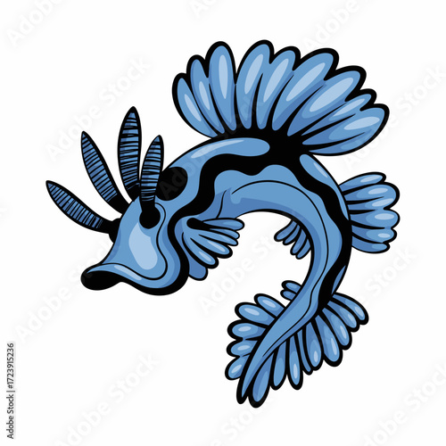 Blue Sea Slug Vector Illustration with Black Stripes and Frills | Stylized Nudibranch Drawing for Stock Graphics | Ocean Creature Artwork for Design Projects