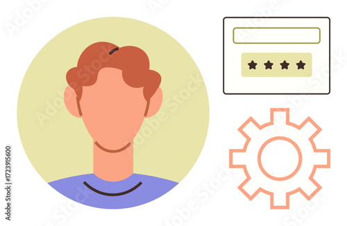 Head profile illustration, login password field with stars, gear icon for settings. Ideal for account, user management, authentication, profile customization, settings, UX design simple flat
