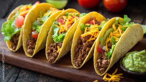 Mexican tacos with beef lettuce tomato cheese and guacamole served on wooden board, colorful rustic food presentation high resolution lifestyle concept