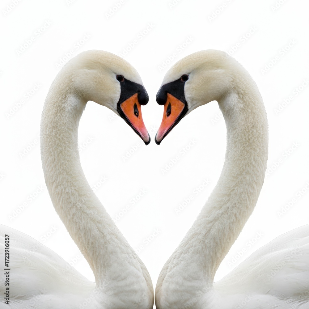 Fototapeta premium Two graceful swans face each other, their necks forming a heart shape, symbolizing love, unity, and togetherness against a pristine white background .