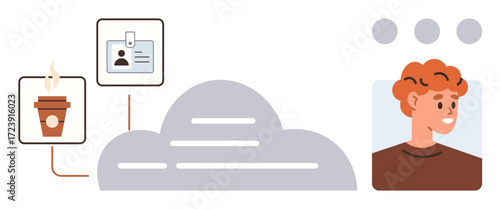 Coffee cup, ID card, cloud, and smiling person profile. Ideal for identity, networking, cloud computing, personalization data integration connection online profiles. Simple flat metaphor