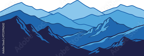 Vector art of pixel art landscape of layered blue mountains with a, evoking a sense of depth and tranquility in a digital art style