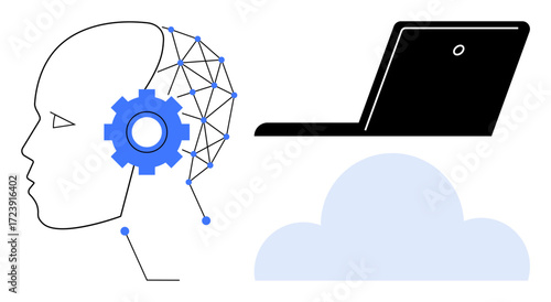 Human head with neural network and gear, laptop, and cloud. Ideal for AI, computing, cloud technology, innovation, networking future tech and digital transformation. Simple flat metaphor