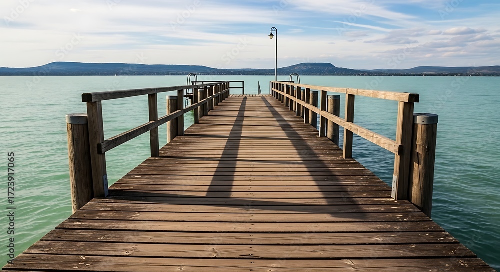Obraz premium Wooden pier extending into a calm lake with distant mountains under a cloudy sky.