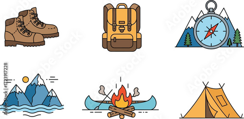Camping hiking outdoor adventure gear equipment vector illustration boots backpack compass tent campfire