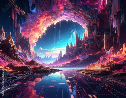 Colorful, abstract landscape with a futuristic cave