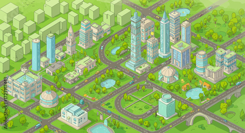 Overhead view of a cartoon city with skyscrapers, parks, and roads.